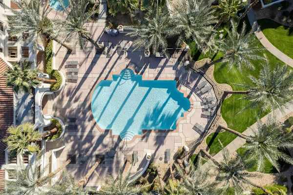 Resort-style pool with palm tree shade invites you to dive in daily.