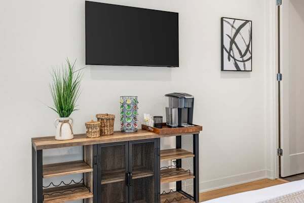 Casita corner with TV and coffee bar—guests enjoy their own private space.