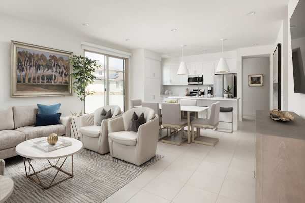 Airy open layout connects living and dining.