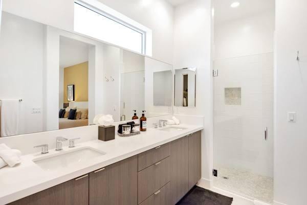 Stunning master suite bathroom with double sinks vanity.