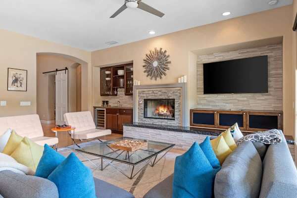 Open concept living flows seamlessly to kitchen and dining.