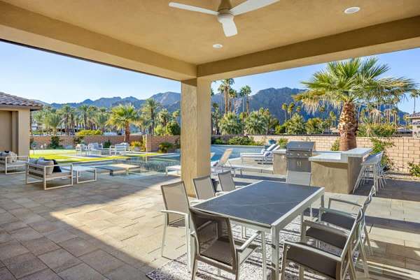 Outdoor patio area with stunning mountain views.