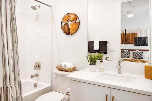Bathroom with a shower/combo for getting ready for the day.