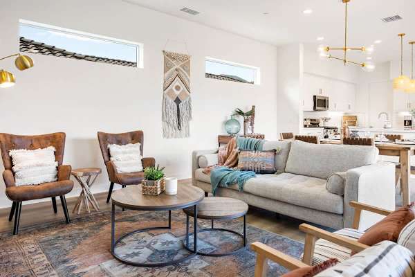 Bright living room with soft, earthy accents.