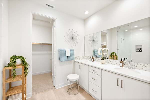 A bright double vanity designed for convenience.