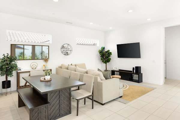 Dining table with seating for six makes family meals and game nights easy and memorable.