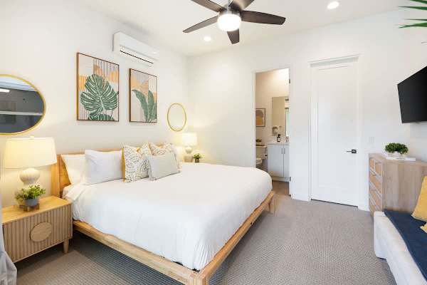 Casita bedroom with queen bed offers a retreat separate from the main house here.