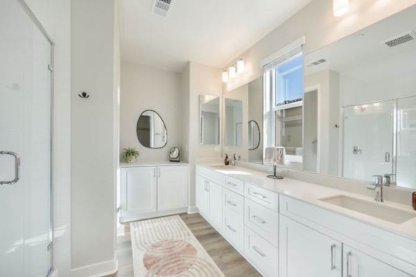 Walk-in shower make getting ready easy.