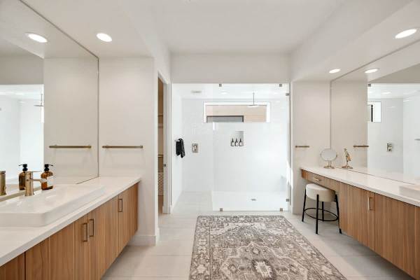 A spa-like bathroom with double vanities and all the space you need to get ready.