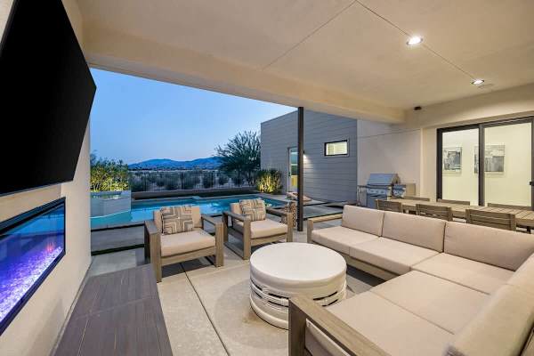 Evening views from the covered patio where the mountains meet endless desert sky.