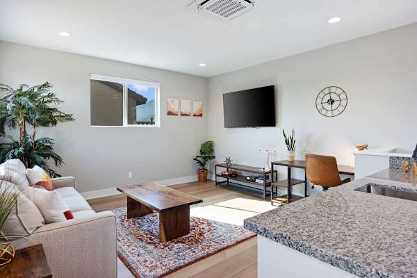 Upstairs loft offering comfort and versatility for work or play.