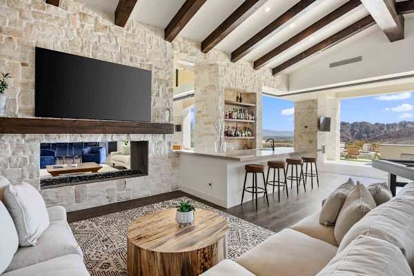 Rustic wood coffee table and fireplace create a warm spot to relax indoors.