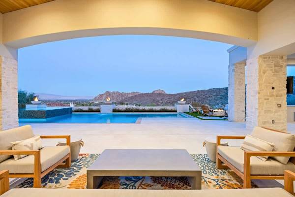 Twilight poolside lounging under the covered patio with infinite desert views.