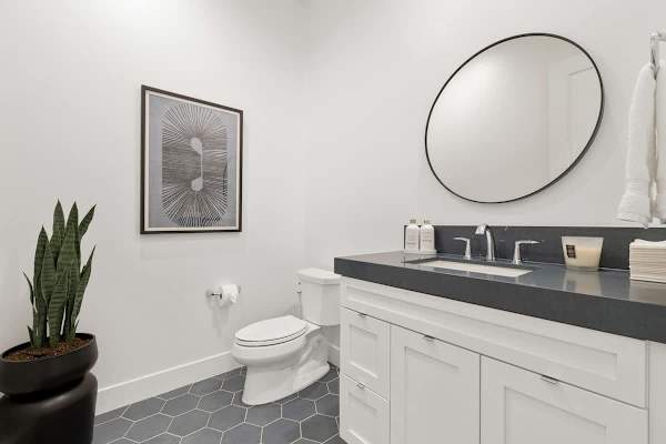 Stylish powder room with modern finishes.