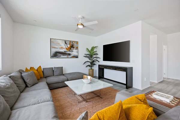 A modern living room offers plenty of space to kick back.