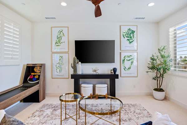 The open living space has a smart TV and a queen sleeper sofa for extra guests.