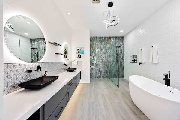 Spa-worthy bathroom with a soaking tub and sleek modern finishes.
