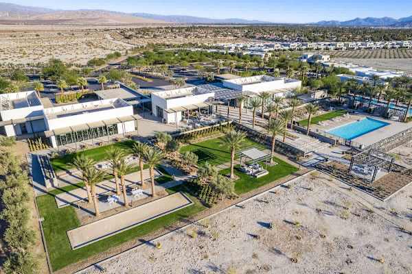 Sky view of the community amenities, including green spaces and pool area