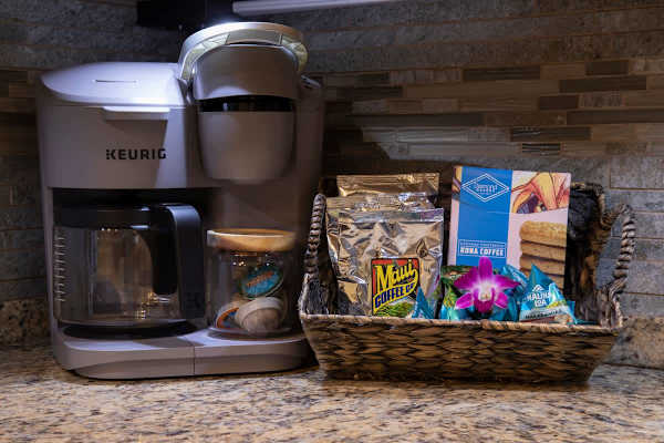A Keurig coffee maker is available in the kitchen.