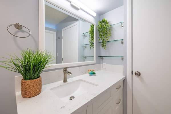 Renovated bathroom with plenty of storage space