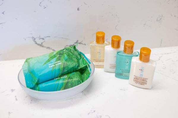 Start up amenities include soap, shampoo, conditioner, body wash, and lotion