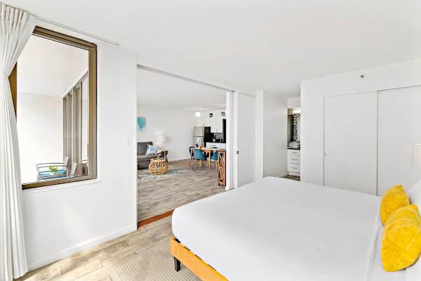Bedroom with king-size bed. Ensuite bathroom