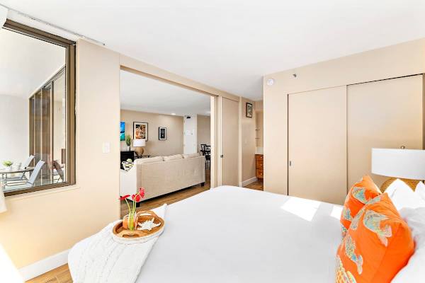 Bedroom comes with a closet and sliding door that can be closed for privacy