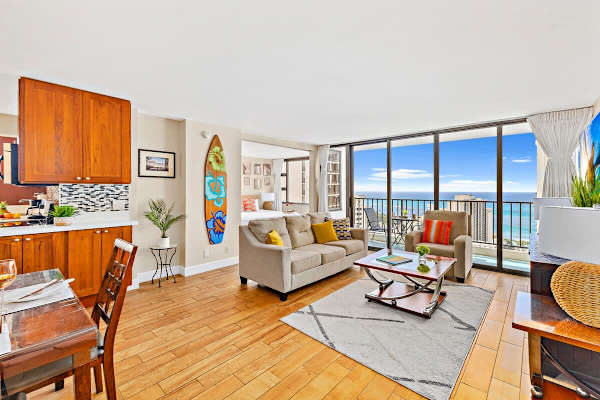 Living room with pull out sleeper sofa and AC