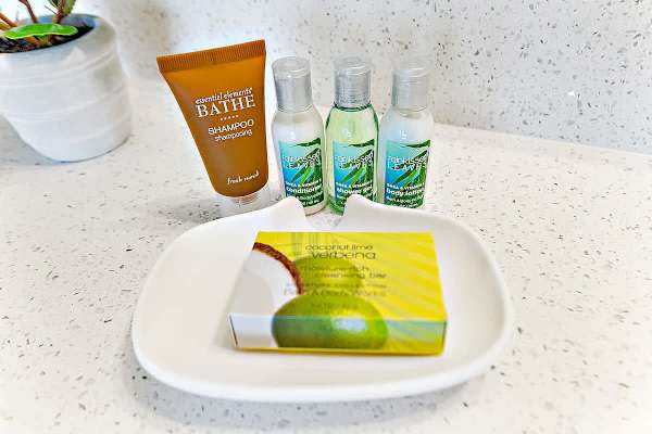 Startup amenities include soap, shampoo, conditioner, body wash, and lotion