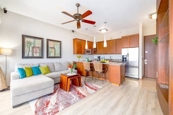 Overview of the living room and kitchen 
