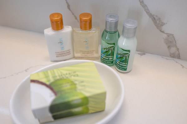 Startup amenities include soap, shampoo, conditioner, shower gel, and lotion 