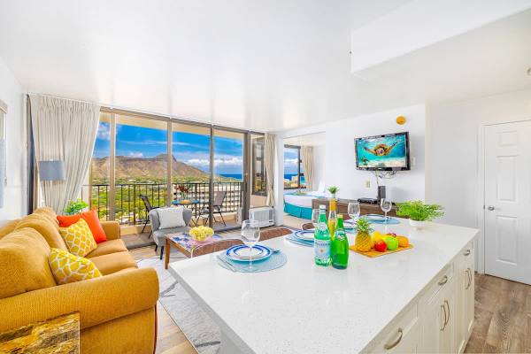 Countertop and dining area. Window AC and smart cable TV