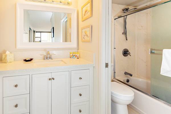 Bright bathroom with a modern vanity and a shower-tub combination.