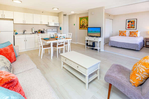 Bright open-plan living area with a fully equipped kitchen and adjacent bedroom