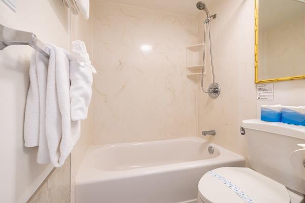 Clean bathroom with a bathtub and shower combination
