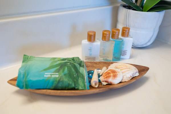 Complimentary bath amenities including shampoo, conditioner, and soap are provided for your convenience.