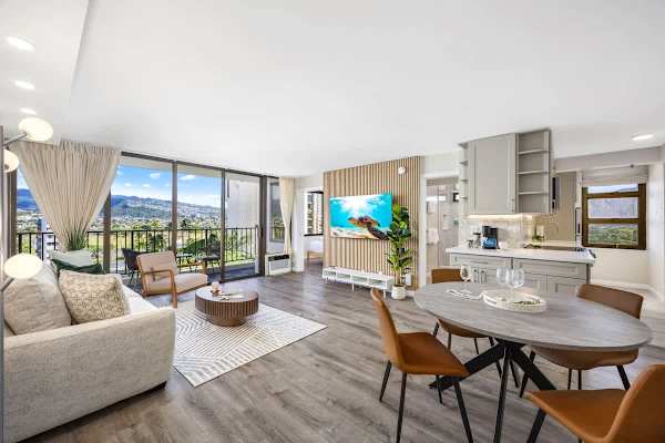 Your condo has a spacious living area, dining area, and a full kitchen