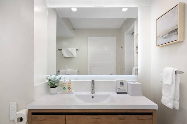 Full bathroom with vanity and cabinets