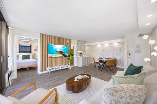 Your living area, bedroom, dining area, and full kitchen at a glance.