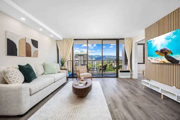 Relax in your living area with a pull-out sleeper sofa and a 65" smart TV for your entertainment