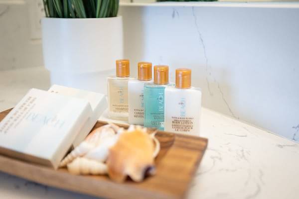 Start up amenities include soap, shampoo, conditioner, shower gel, and lotion