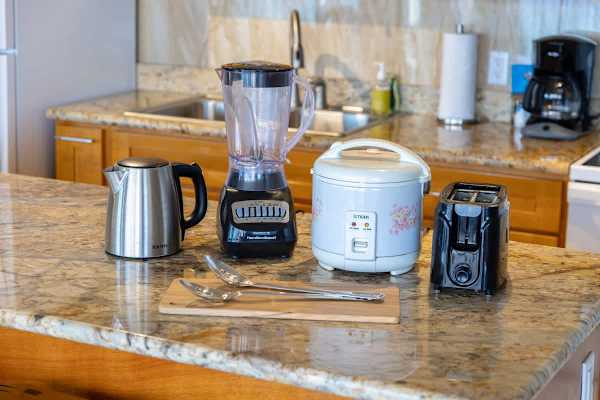 Kitchen w/ a blender & appliances ready for whipping up fresh drinks or meals.
