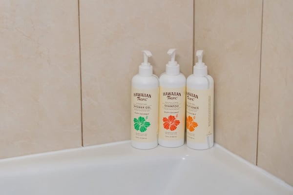 Bathroom counter w/ toiletries provided — thoughtful touches to keep you comfortable.

