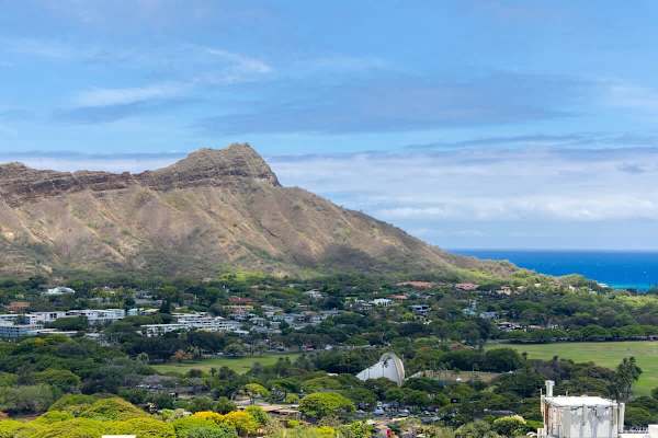 Scenic view of lush greenery with mountain and ocean in the background.
