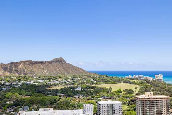 Scenic view of diamond head and the ocean from a high-rise balcony