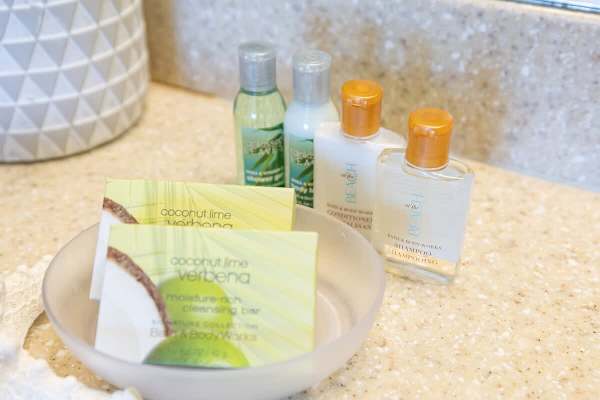 Complimentary bath amenities including shampoo, conditioner, and cleansing bars on a granite countertop.