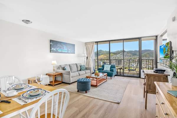 Bright living room with mountain views and modern furnishings