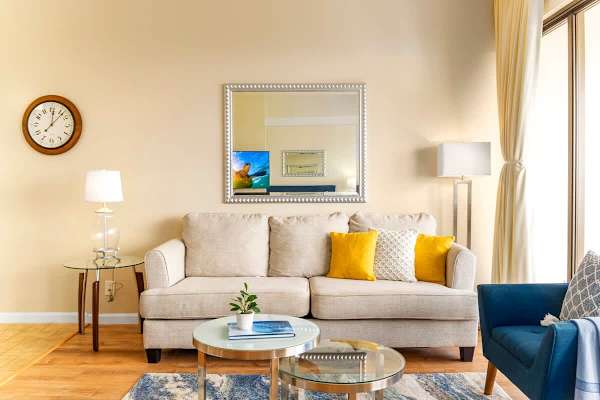 Pull-out sleeper sofa in the living room.