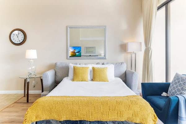 Pull-out sleeper sofa in the living room.
