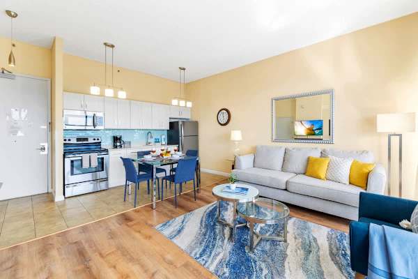 Living room and kitchen. Dining table up to 4 people 